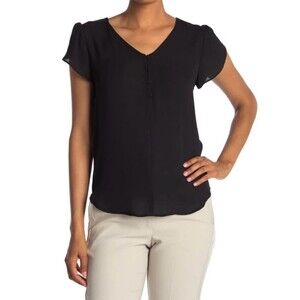 💎 Philosophy Black V-Neck Button Front Short Flutter Cap Sleeve Blouse Size M
